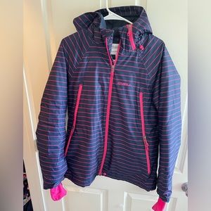 Women’s O’Neill ski jacket size large. Navy with pink stripes